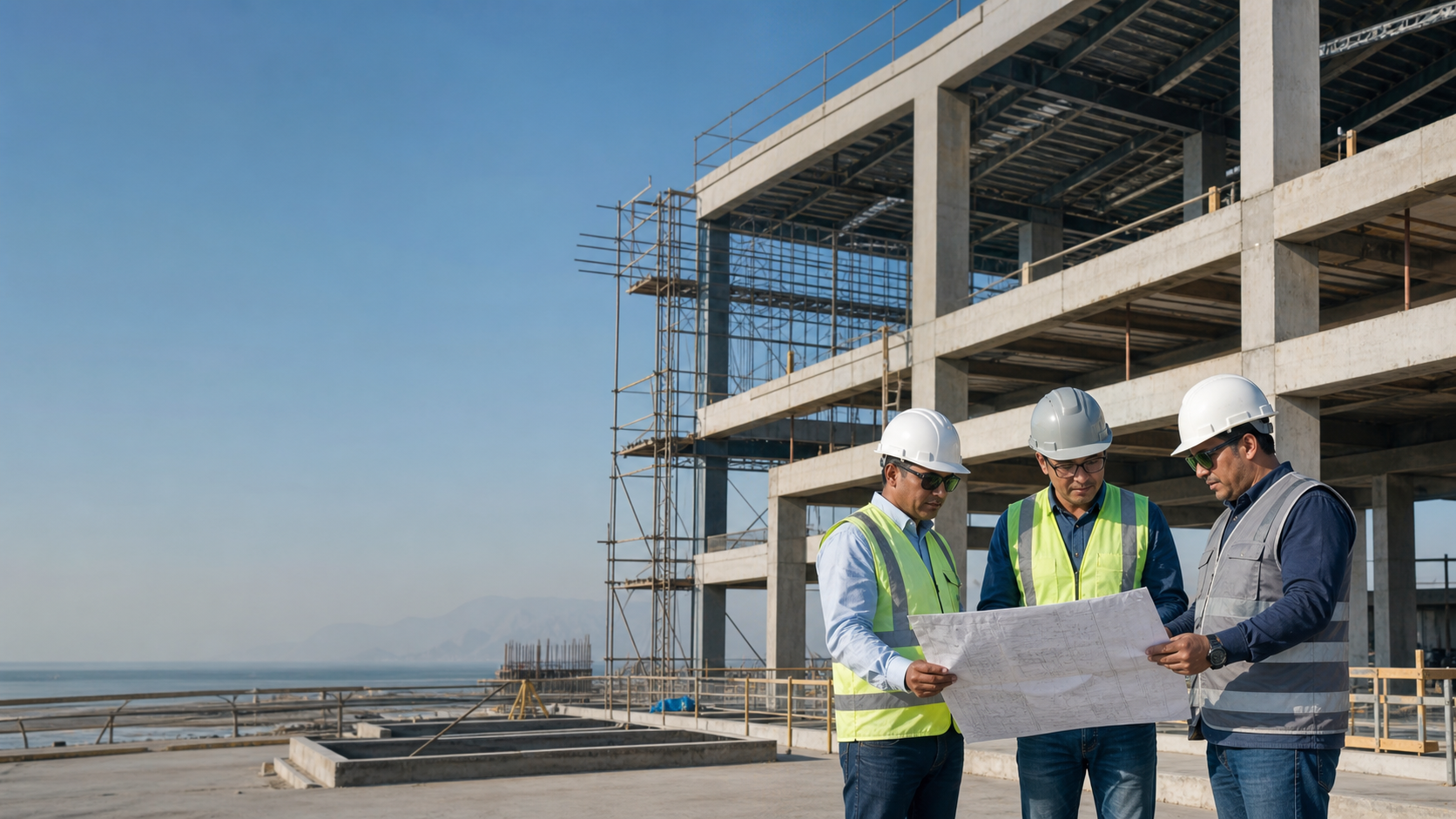 Equipo técnico revisando planos en una obra