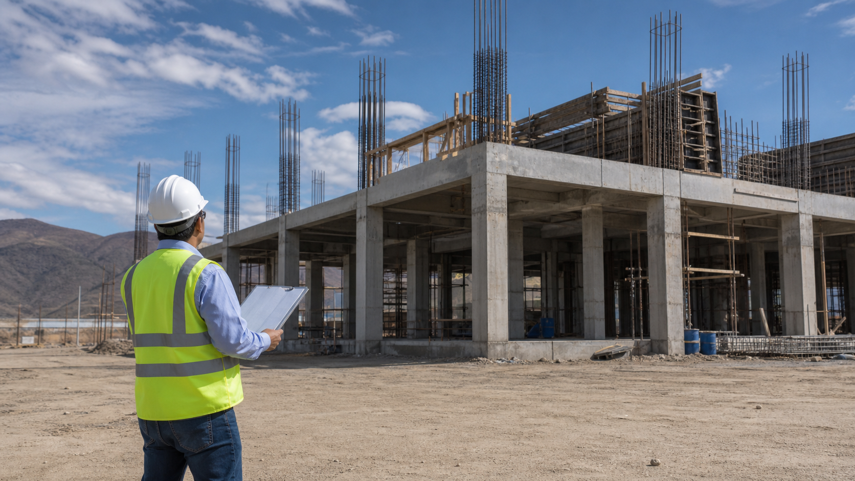 Ingeniero inspeccionando una estructura de concreto en obra