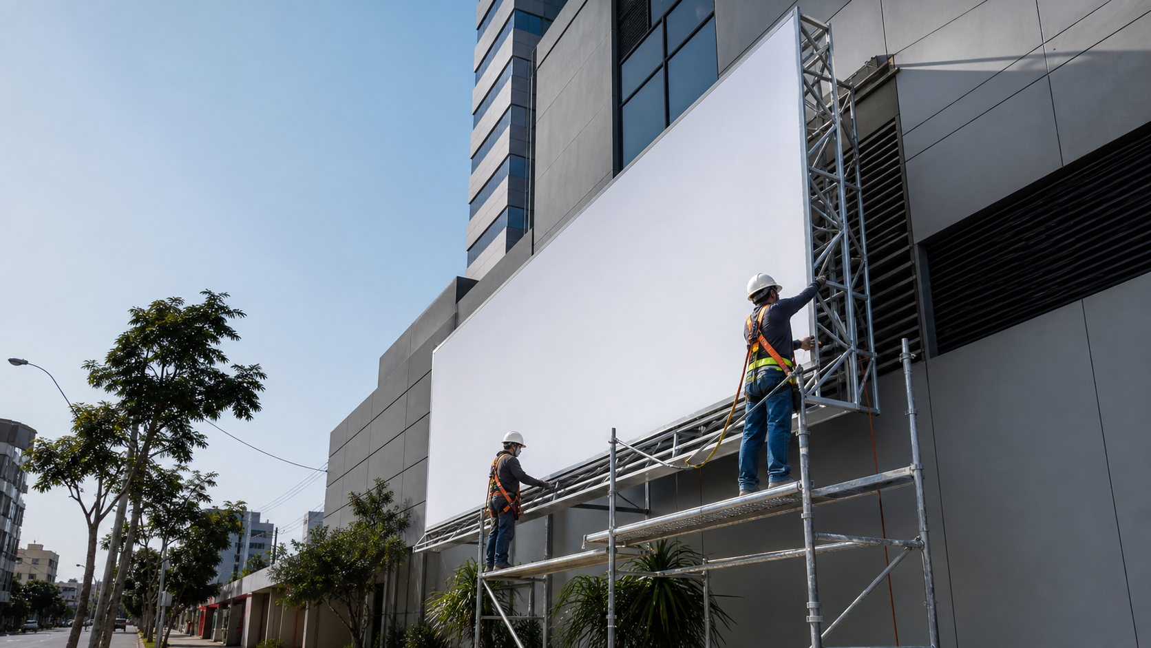 Estructura de publicidad exterior instalada en una fachada